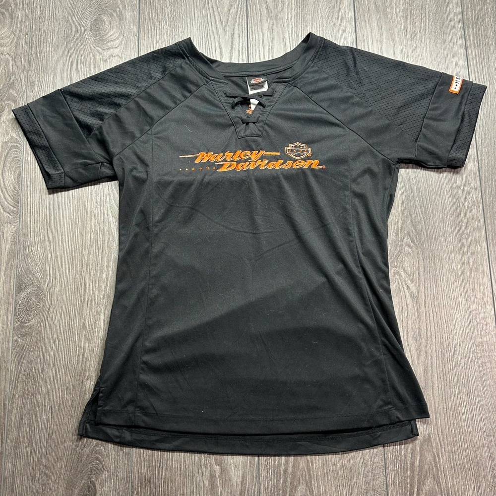Harley-Davidson Womens Jersey Top Lace Up Mesh Y2K Black Orange Rhinestone M